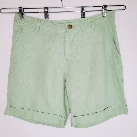 JOURNAL Green Linen Shorts Size 12 Cuffed Bermuda Flat Front Pastel - Picture 1 of 7